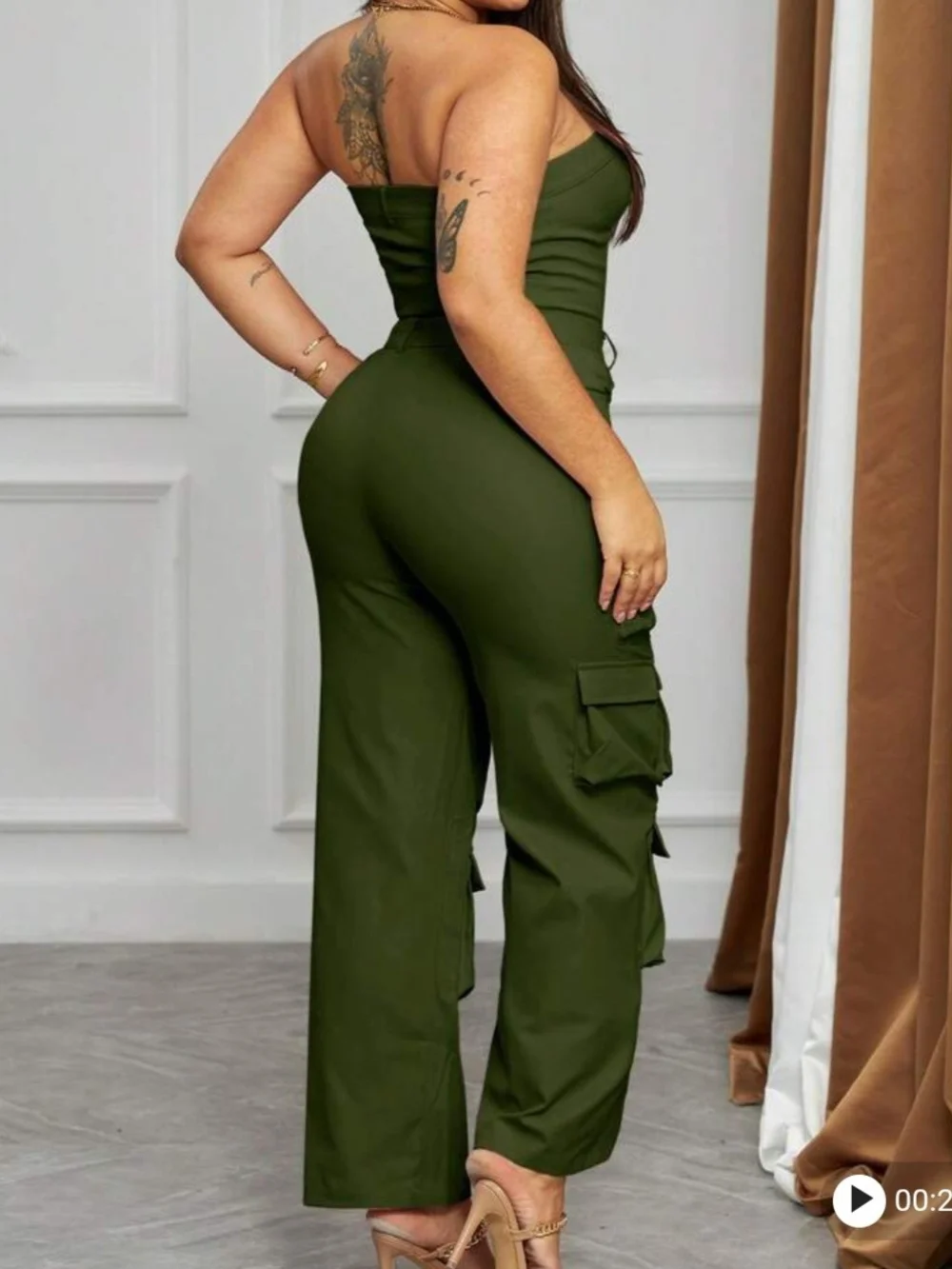 Strapless Olive Green Cargo Jumpsuit for Women - Picture 2 of 7